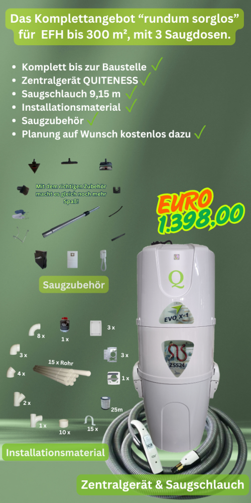 Zentralstaubsauger Komplettangebot bis 300 m² mit 3 Saugdosen + QUITENESS